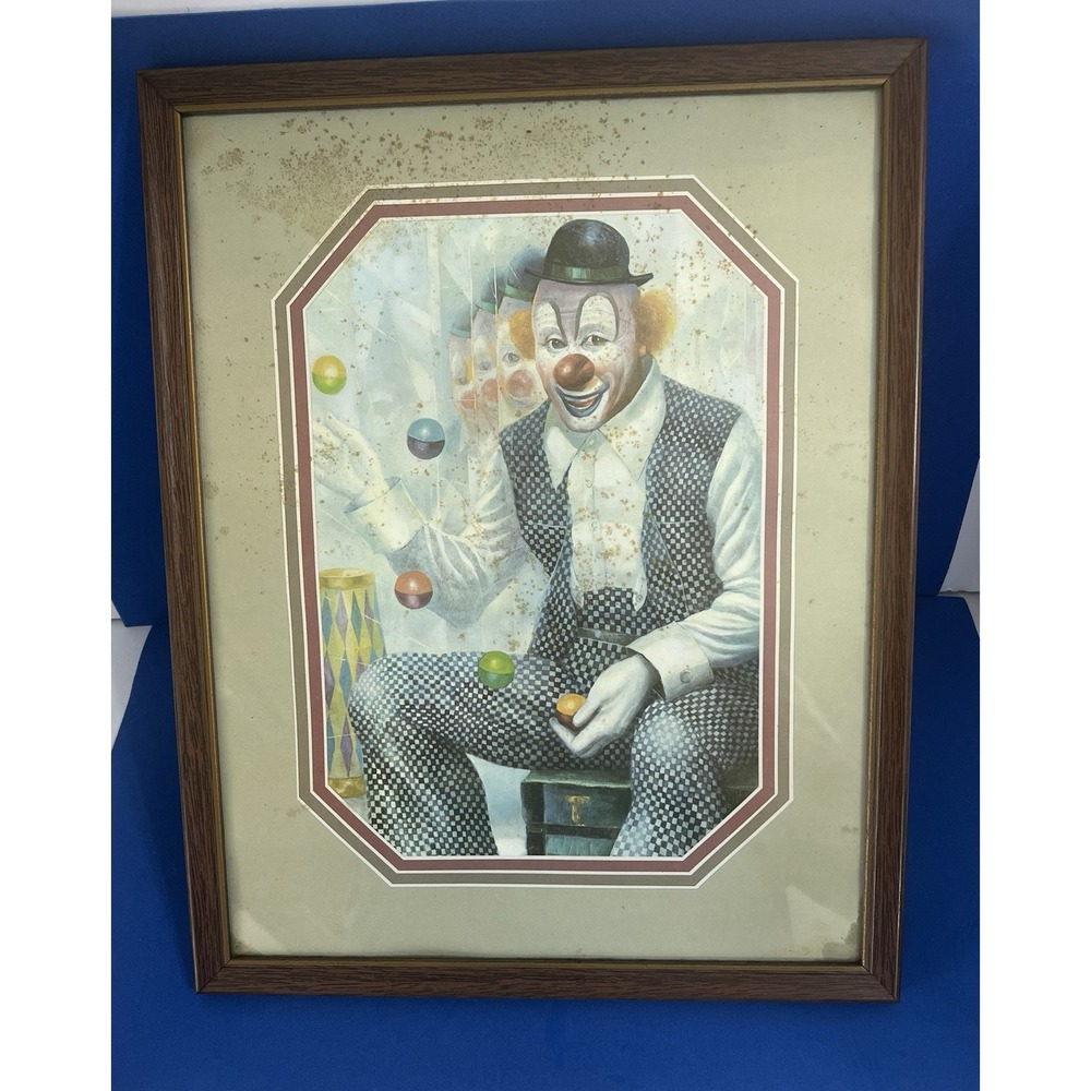 Art 1982 Tom Wood Clown Print Arthur A Kaplan Co Wood Look Framed Art